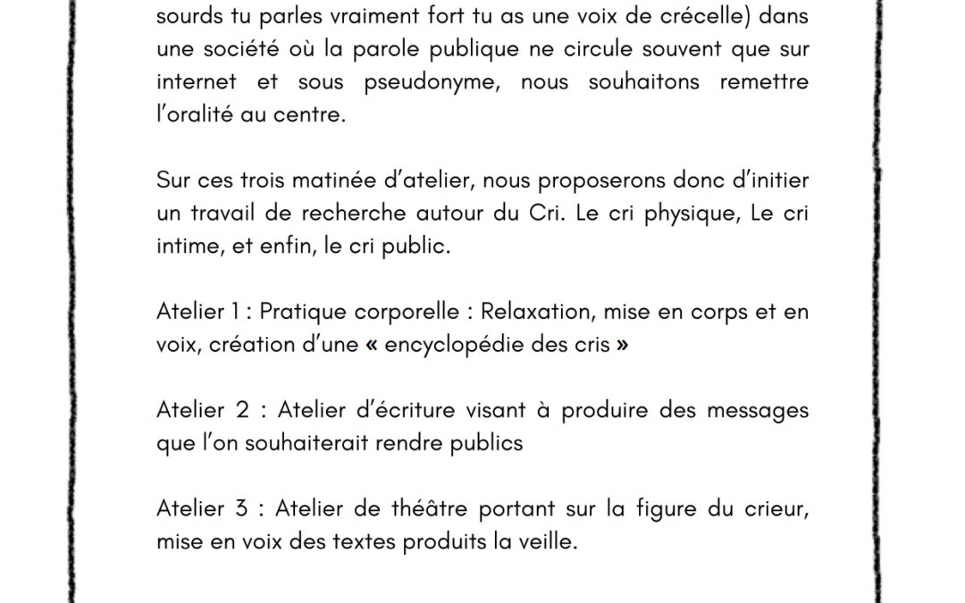 Zone à cris – Atelier de théâtre tourné vers l’oralité, tout public